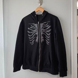 Black Full Zip Halloween Hoodie with Rhinestones Skeleton Ribcage size Medium